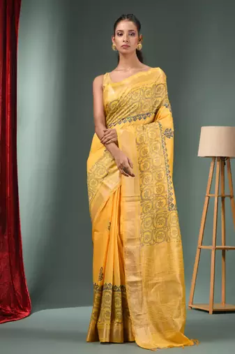 Yellow Blended Silk Handwoven Saree With Woven Zari Border